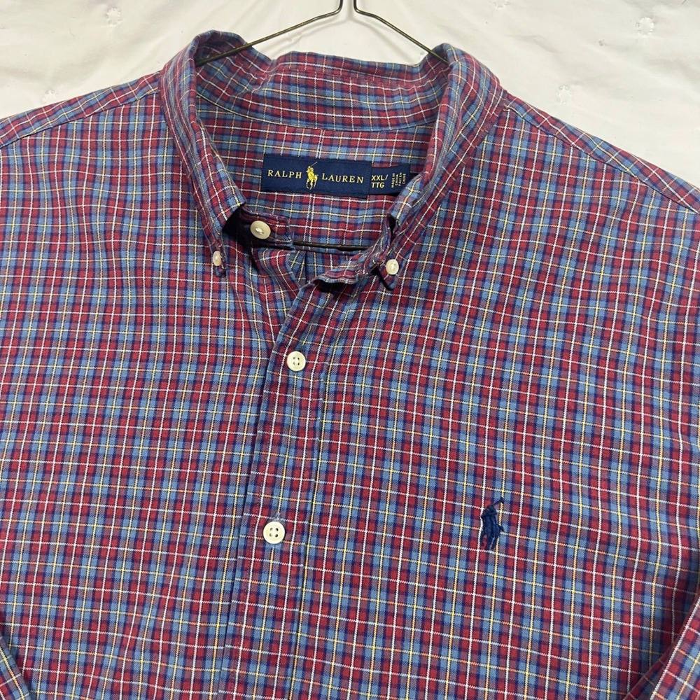 Ralph Lauren Mens XXL Plaid Button Down Shirt Blue Red Yellow Long Sleeve Cotton